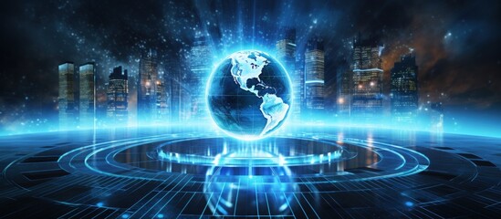 Obraz premium Digital futuristic globe communication network with neon light effect. AI generated image