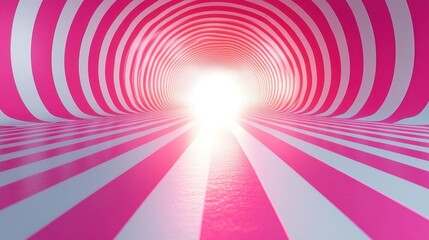 Pink and white striped tunnel leading to light.
