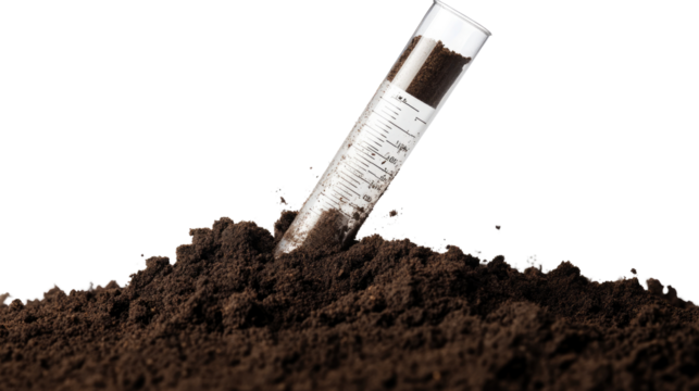 Soil Sample Analysis: A scientific exploration as a test tube of soil is inserted into a pile of rich, dark earth, symbolizing research, experiment and environmental analysis.