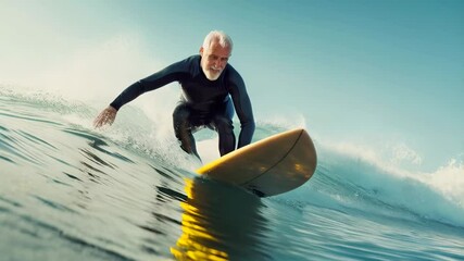Confident senior surfer riding ocean waves, experiencing vibrant moment of freedom, celebrating active lifestyle and youthful spirit under sunlight