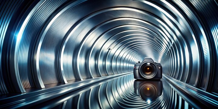 A DSLR camera rests at the center of a sleek, metallic tunnel, its reflection mirroring the futuristic architecture