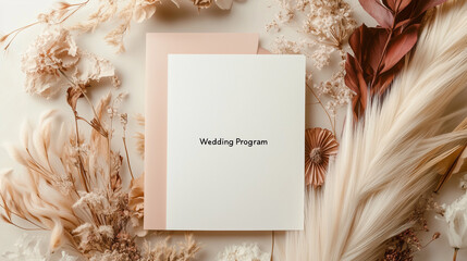 Minimalist wedding program with dried floral accents and elegant typography and copy space