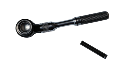 Precision Tool: A high-angle shot of a sleek, black ratchet wrench with a detached extension against a neutral backdrop, ready to take on the day's projects.