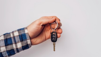 Portrait cropped a male hand holding a new car key on white background. AI generated