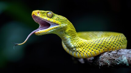 Obraz premium Green viper striking, jungle branch, night, wildlife