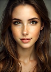 Fototapeta premium Whimsical Charm: Ultrarealistic Portrait of a Playful, Freckled Beauty with Hazel Eyes and Bold Makeup