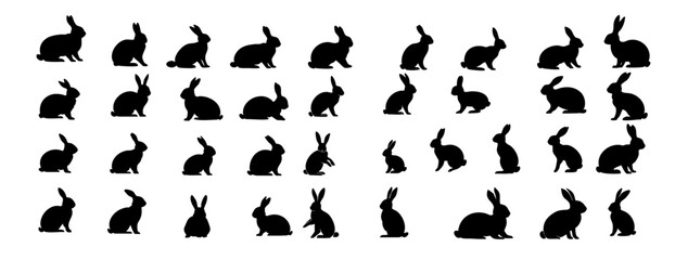 A large set of black rabbit silhouettes in a flat vector design, featuring simple shapes and flat color blocks. The rabbits are depicted in various poses, including lying down, sitting up, standing, j