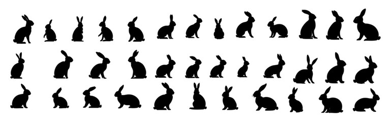 A large set of black rabbit silhouettes in a flat vector design, featuring simple shapes and flat color blocks. The rabbits are depicted in various poses, including lying down, sitting up, standing, j