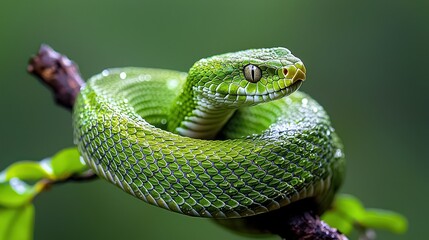 Fototapeta premium Green tree viper coiled on branch, rainforest background. Possible use wildlife, nature, science