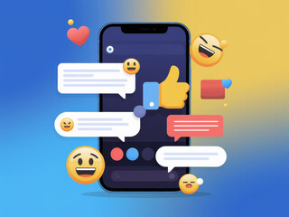 Colorful social media interaction with emojis and smartphone on vibrant background