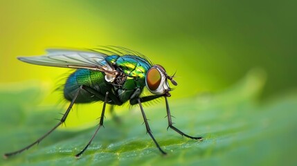 Portrait macro view a green fly insect perched on green leaf nature blur background. AI generated