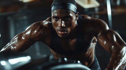 A determined male athlete pushes his limits as he sprints on a state-of-the-art running exercise machine, sweat glistening on his forehead as he focuses on his goal of achieving peak fitness.