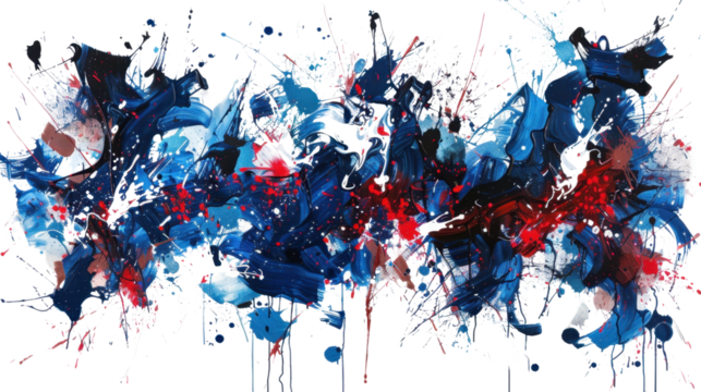 Abstract painting background with red white and blue splashes on transparent background