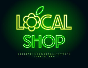 Vector Retail banner Local Shop with decorative Flower. Green Neon Font. Illuminated Alphabet Letters and Numbers set