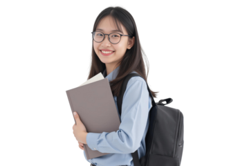 Portrait of a young student concept. Smiling student holding books with a backpack, isolated on transparent background.