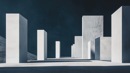 White geometric structures, desert landscape, minimalist architecture, moody sky, design background