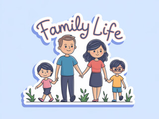 Joyful family life: parents and kids holding hands in cute drawn style