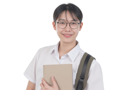 Portrait of a young student concept. Smiling student holding a notebook, wearing glasses and a backpack, isolated on transparent background.