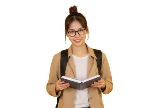 Portrait of a young student concept. Young woman with glasses holding a notebook wearing a backpack, isolated on transparent background.