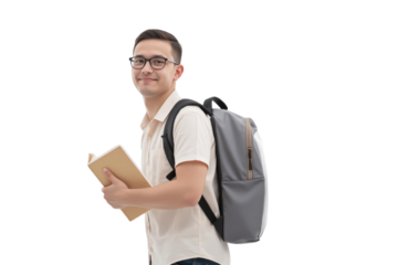 Portrait of a young student concept. Young man with glasses, holding a notebook and wearing a backpack, smiling, isolated on transparent background.