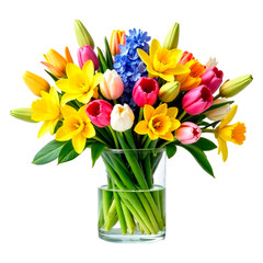Bouquet of festive flowers with daffodils and tulips in a glass vase on a white insulated background. A bright and elegant composition, ideal for greeting cards, branding, packaging and editorial use.