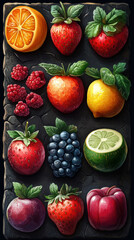Assorted fruits on dark stone surface