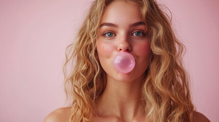a closeup photo of a gorgeous young woman blowing a gum bubble with funny face on one-colored background --
