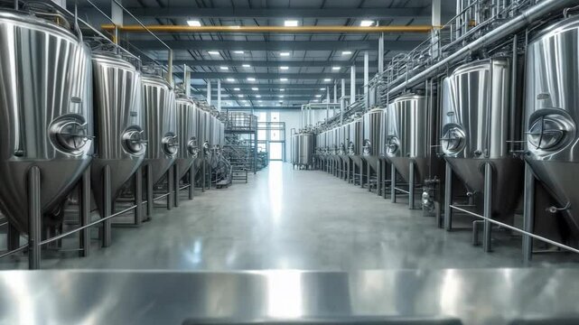 shiny steel tanks inside an industrial brewery complex observed from a high-tech control panel