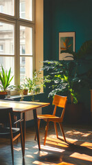 Bright interior with plants, wooden table, and chairs