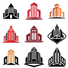 A set of Building logo concept, building icon, vector silhouette, isolated white background