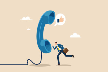 Business communication concept illustration with a businessman running towards a giant telephone receiver. Perfect for customer support, networking, corporate calls, and professional consultation.


