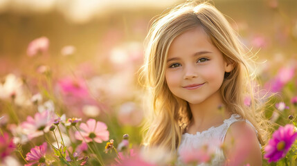 Fototapeta premium Smiling girl among blooming flowers in a sunny field