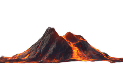 
Erupting volcano with lava flowing down sides, cut out on transparent background 
