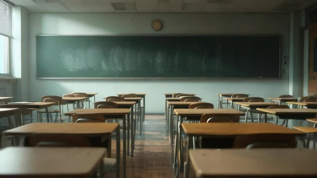 tranquil classroom scene with rows of desks and a chalkboard, bathed in gentle light