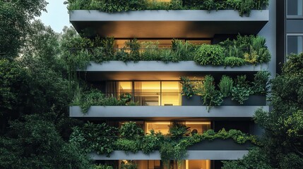 Obraz premium A modern apartment building with lush green plants growing on the balconies, creating a vertical garden.