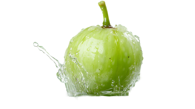 Gooseberry bursting with tiny water droplets, slow motion, cut out, transparent background