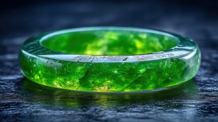 Polished green jade bangle on dark surface.