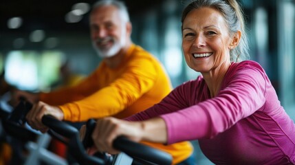 A vibrant scene of two fit, mature adults, a woman and a man, pedaling their exercise bikes with joyful smiles, symbolizing a healthy lifestyle and active aging.