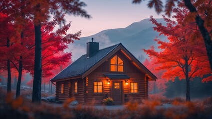 Cozy cabin nestled in vibrant fall foliage with mountains in the background during a serene morning