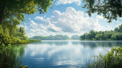 Tranquil lake scene with lush greenery, blue sky and fluffy clouds, digital art illustration, nature scenery, nature wallpaper