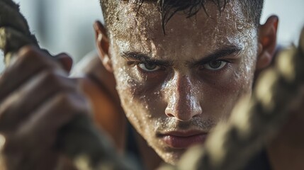 A determined athlete, his brow slick with sweat, pushes his muscles to the limit as he battles ropes during a grueling training session, showcasing the dedication and grit of a professional sportsman.