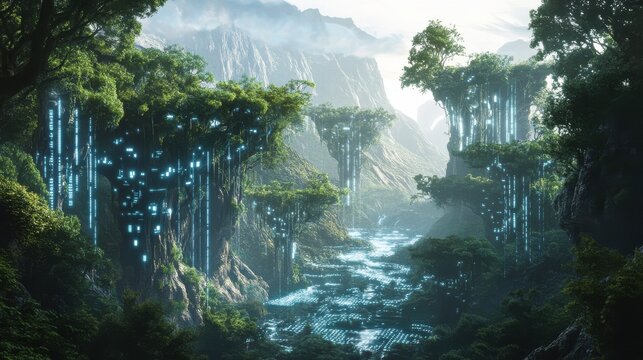 A digital landscape with interconnected blockchain nodes, data flowing between them, representing the secure and transparent nature of blockchain technology in a decentralized digital ecosystem