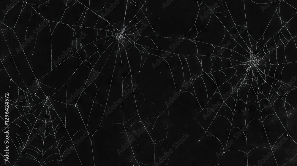 Poster Delicate spider web with dew drops on dark background for nature and design