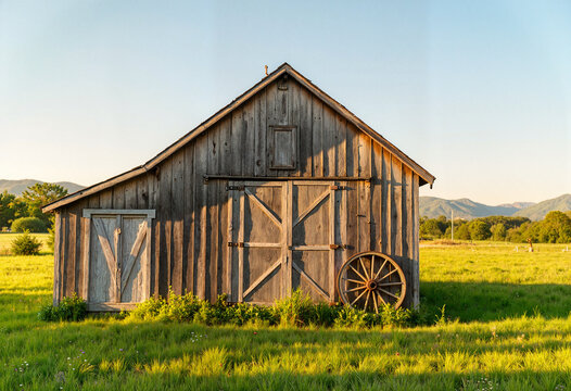 Charming wooden barn in green meadow, rustic countryside beauty