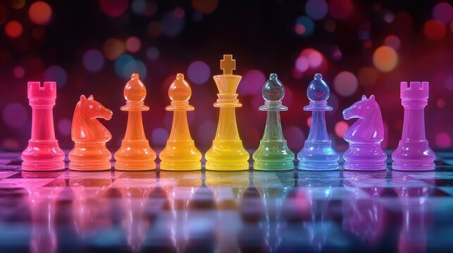 Rainbow chess pieces on a board.