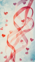 Red ribbons and hearts on a soft blue background