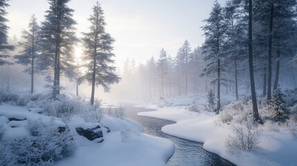 Serene Frosty River Flowing Through Snowy Forest Landscape