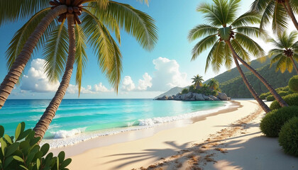 Fototapeta premium Idyllic tropical beach with palm trees, turquoise water, serenity