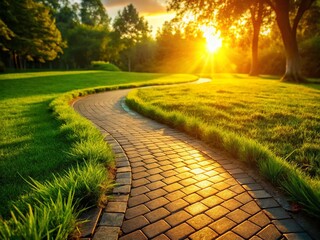 Obraz premium Evening Sunlit Brick Walkway in Green Grass Garden - Peaceful Landscape