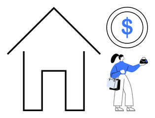 Woman holding shopping bags and a credit card, next to a house outline and dollar symbol. Ideal for finance, budgeting, home buying, mortgage, investment, personal spending savings. Abstract line